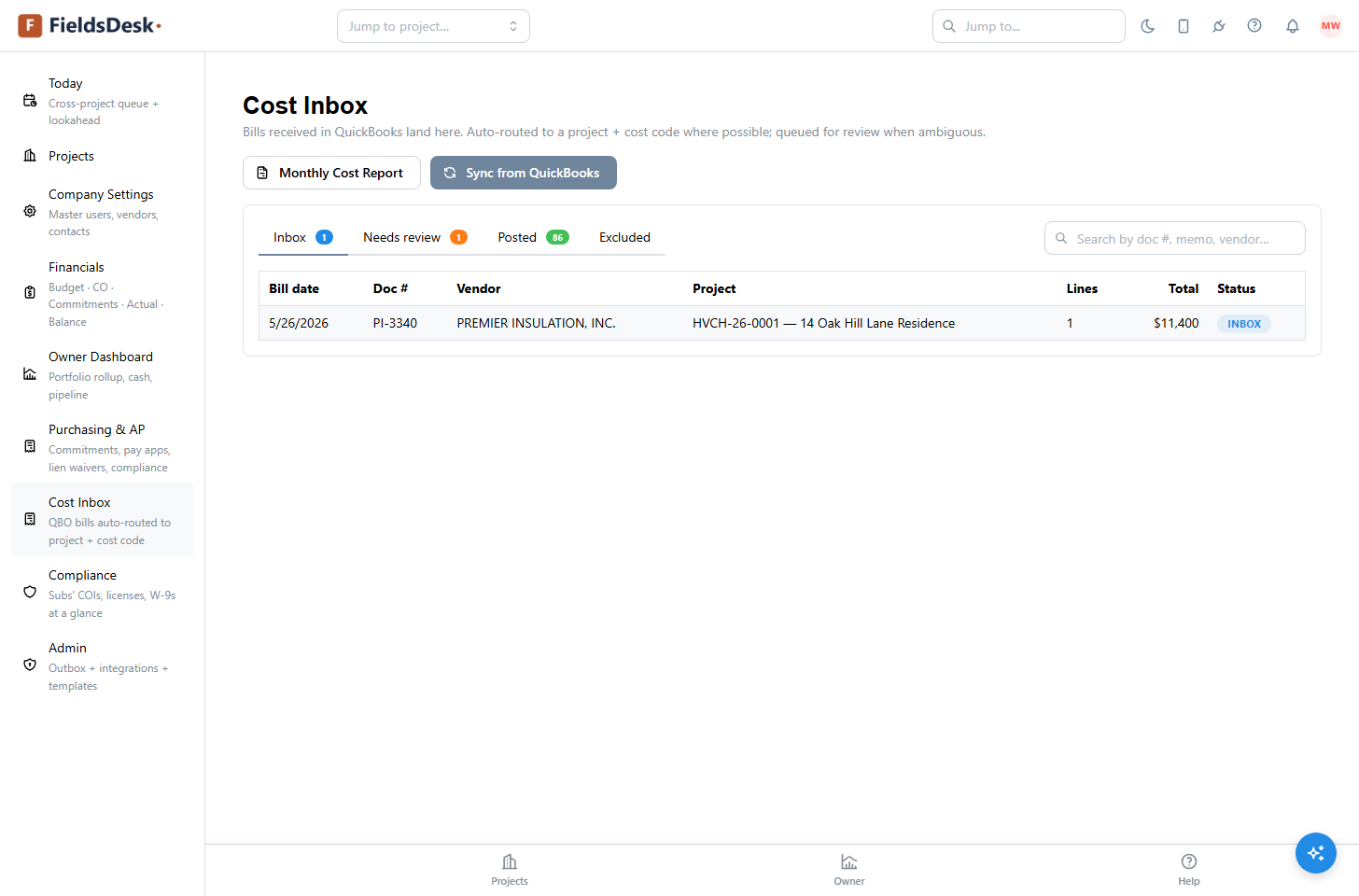 Cost Inbox queue showing a QuickBooks vendor bill auto-routed to a project, with Inbox, Needs review, Posted, and Excluded tabs