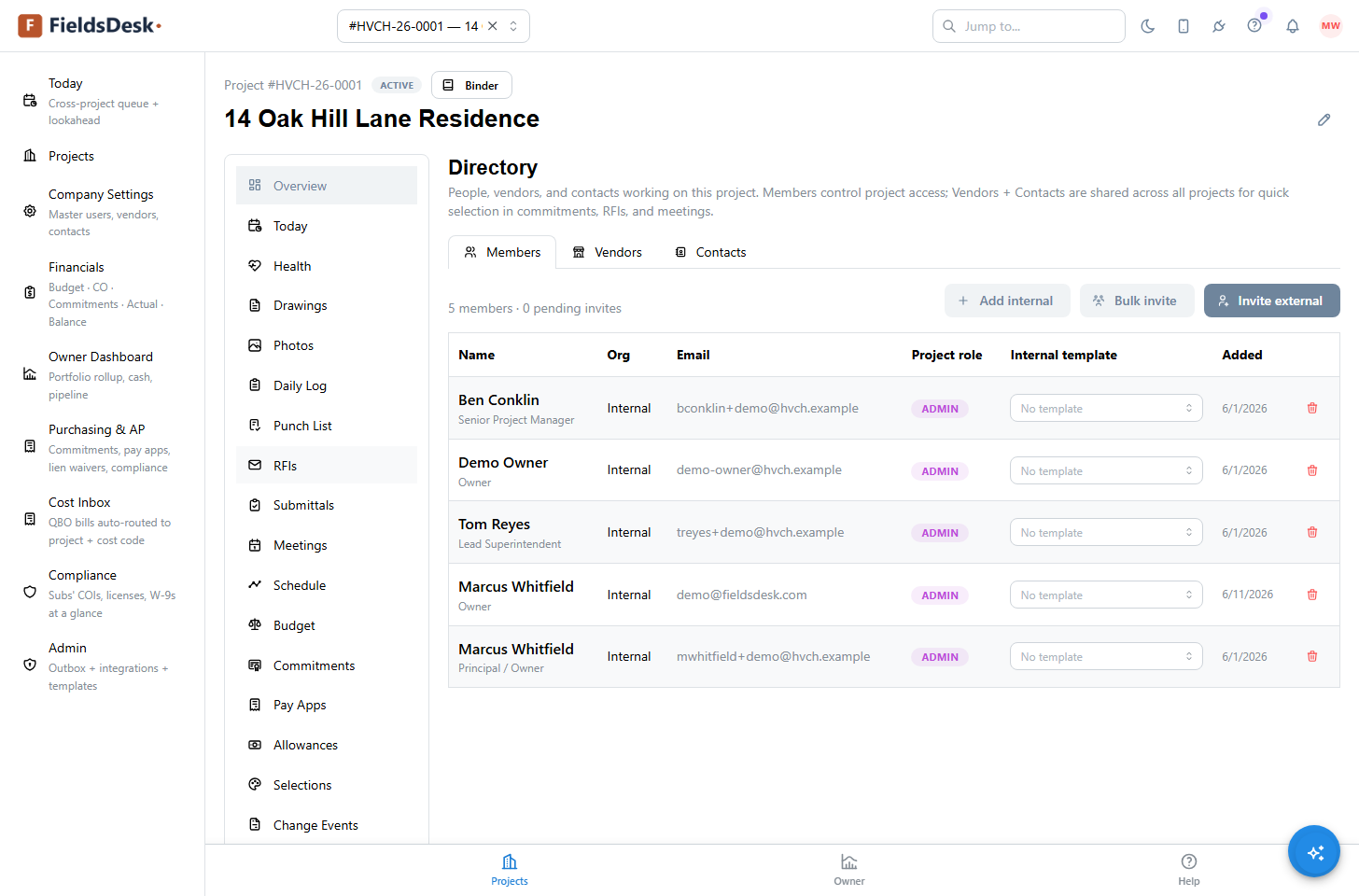 The project Directory Members tab listing the team with org, email, project role and internal template, plus Add internal, Bulk invite, and Invite external buttons