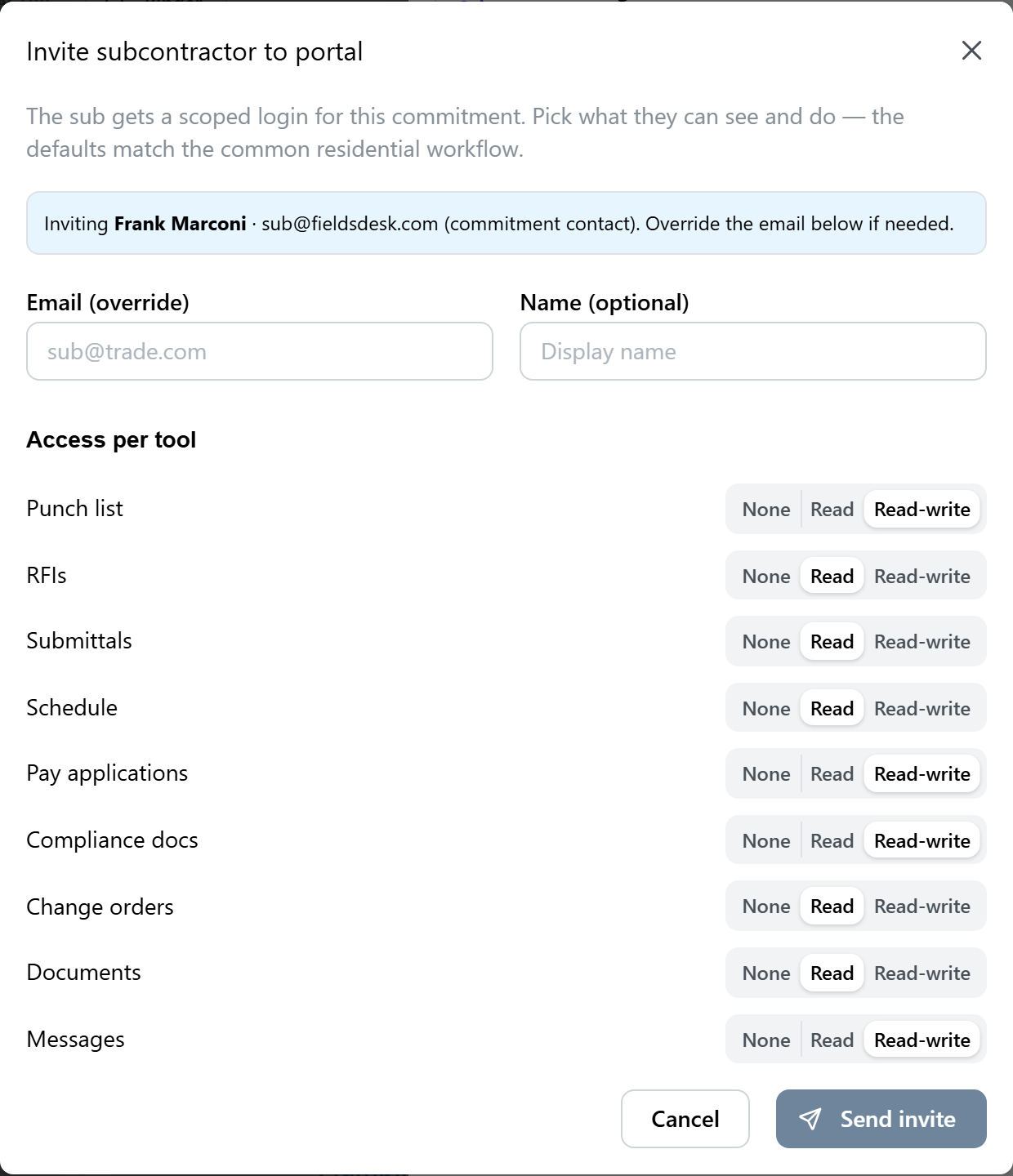 GC invite dialog with a per-tool access matrix: None / Read / Read-write toggles for punch, RFIs, submittals, schedule, pay applications, compliance, change orders, documents, and messages